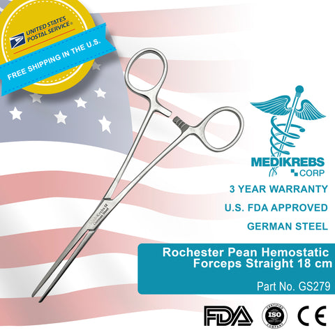 Rochester Pean Hemostatic Forceps Straight 18 cm OR Grade Surgical Instruments